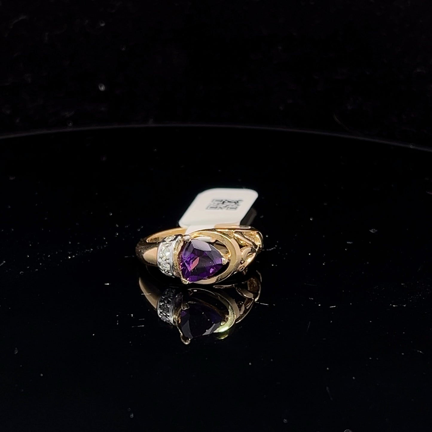 Open Design Trillion Shape Amethyst Ring- 14k Yellow Gold