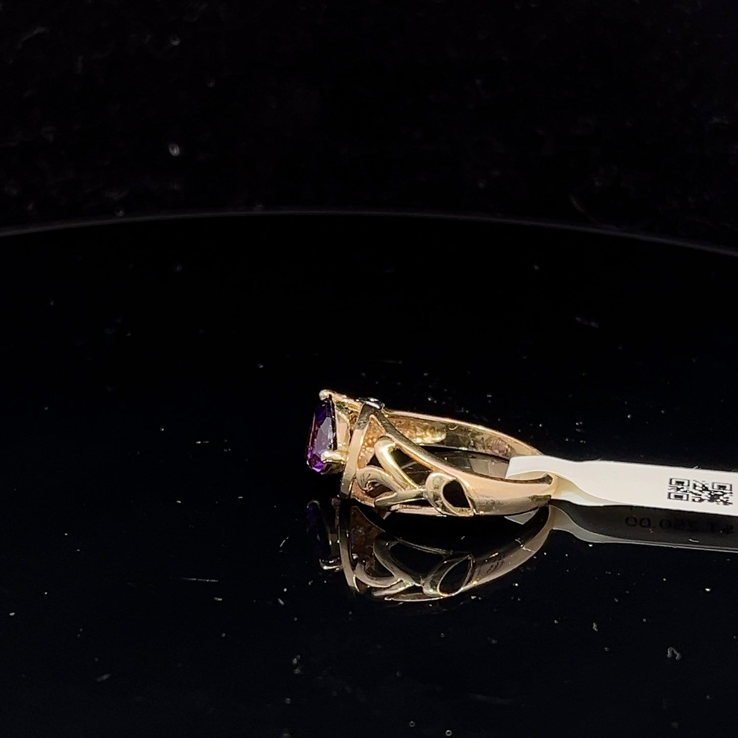 Open Design Trillion Shape Amethyst Ring- 14k Yellow Gold