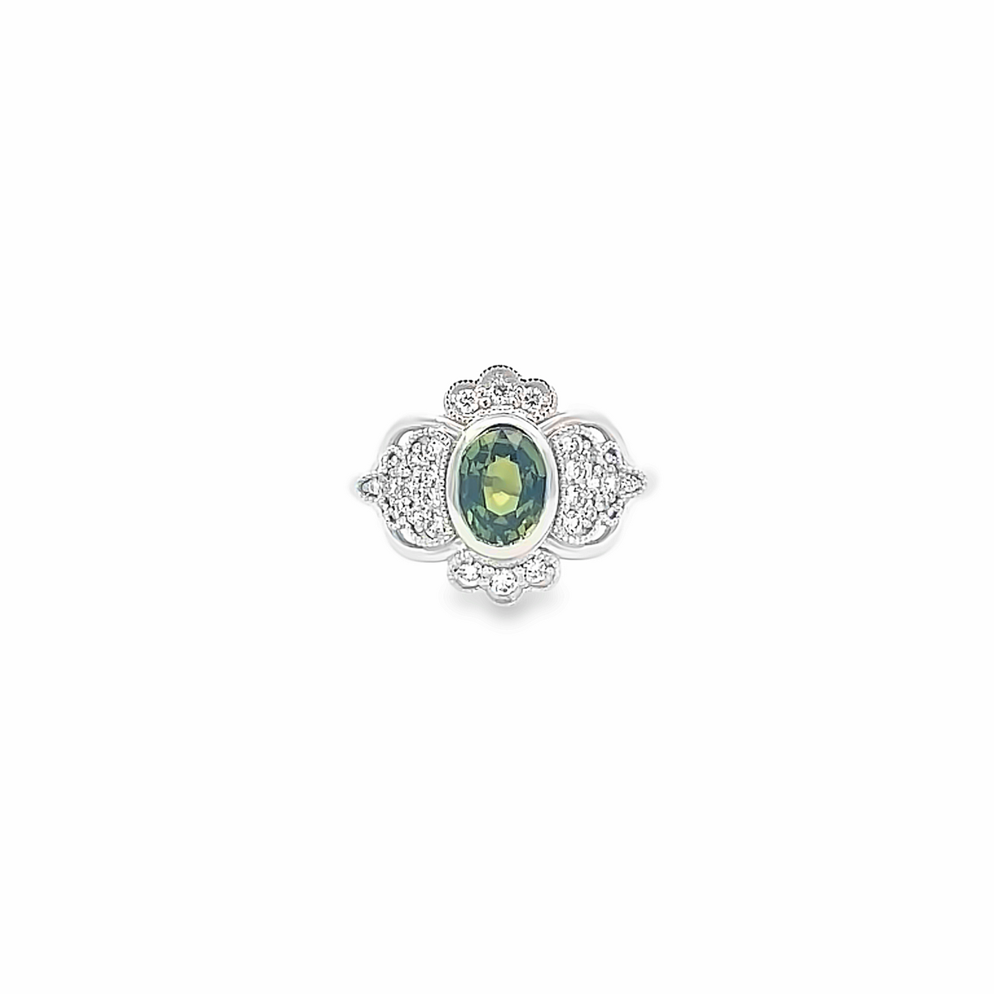 14kw Oval MT Sapphire Green 1.5 carat & diamond ring