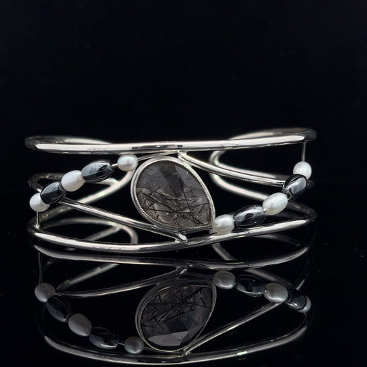 Sterling cuff with Rutilated quartz, pearls & hematite