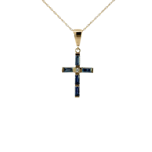 Yogo sapphire cross w/ diamond - 14ky/ .75cttw -yogo