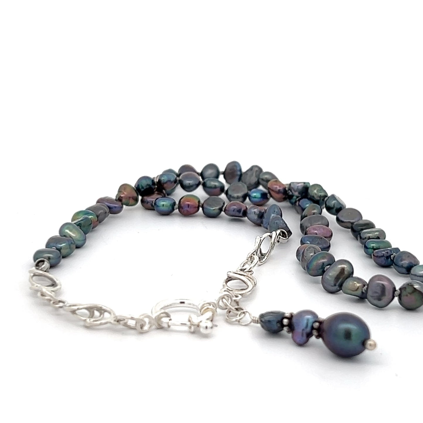 Peacock pearl strand w/ silver accents - hand strung