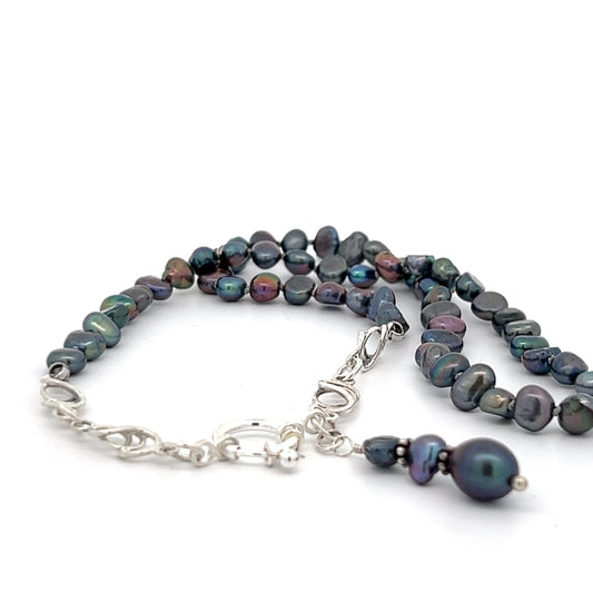Peacock pearl strand w/ silver accents - hand strung