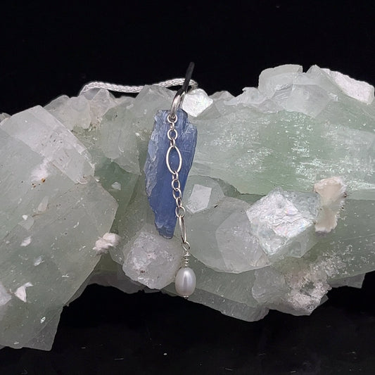 Rough Blue Kyanite & Pearl Pendant- Sterling Silver